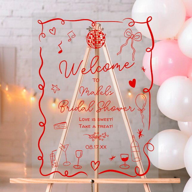 Illustriertes Brautparty mit roter Hand rückwärts Acrylschild (Retro red hand drawn illustrated bridal shower acrylic sign)