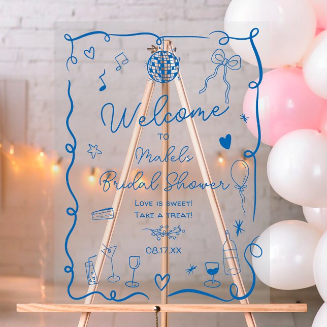 Illustriertes Brautparty mit rückwärts blauer Hand Acrylschild (Retro blue hand drawn illustrated bridal shower acrylic sign)