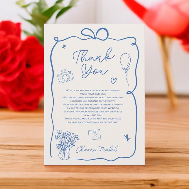 Illustriertes Brautparty mit rückwärts blauer Hand Dankeskarte (Retro blue hand drawn illustrated bridal shower thank you card)