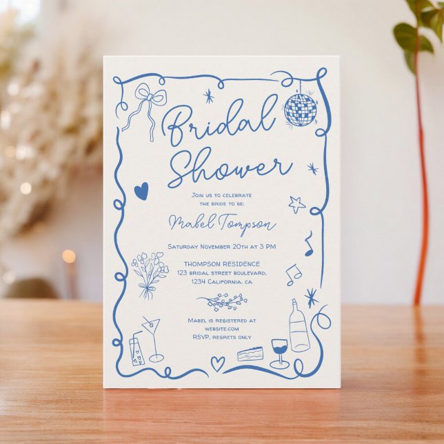 Illustriertes Brautparty mit rückwärts blauer Hand Einladung (Retro blue hand drawn illustrated bridal shower invitation)