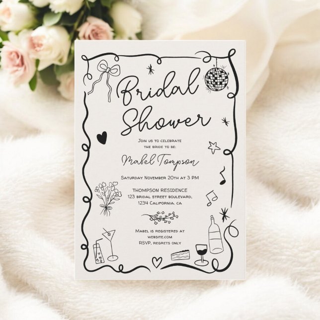 Illustriertes Brautparty mit schwarzer Hand Einladung (Retro black hand drawn illustrated bridal shower invitation)