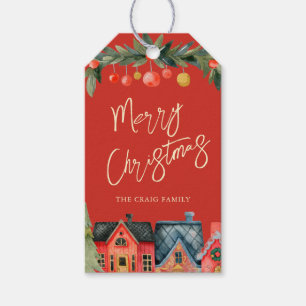 Illustriertes Ferienhaus Weihnachten Rot Geschenkanhänger