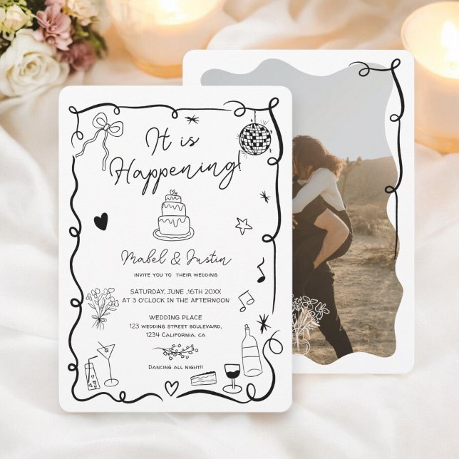 Illustriertes Foto-Hochzeit in Schwarz Einladung (Black hand drawn illustrated photo wedding invitation)