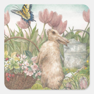 Illustriertes Frühlings-Häschen im Garten Quadratischer Aufkleber