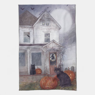 Illustriertes Halloween-Haus mit schwarzer Katze Geschirrtuch