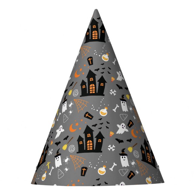 Illustriertes Halloween-Muster mit grau, schwarz Partyhütchen (Vorderseite)