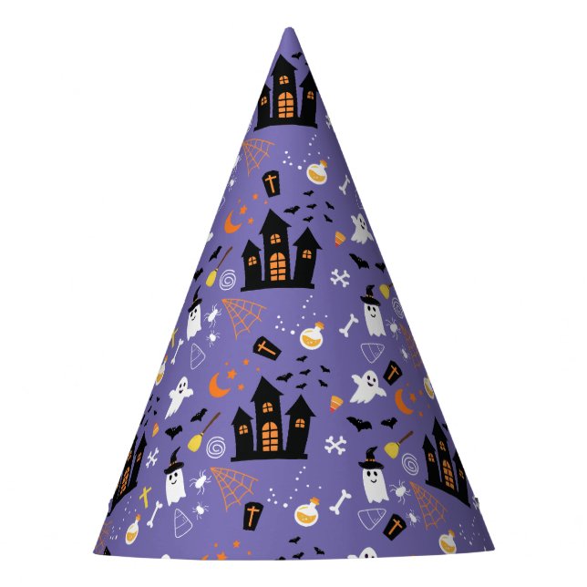 Illustriertes Halloween-Muster mit lila Partyhütchen (Vorderseite)