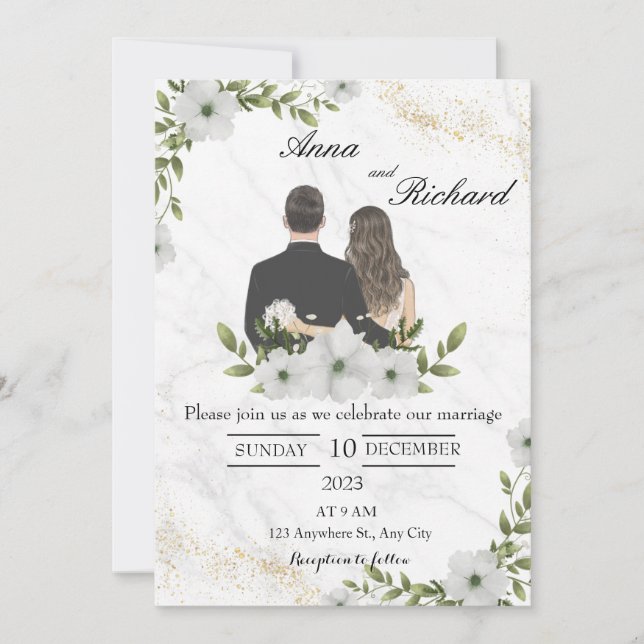 Illustriertes Paar & White Florals Save The Date (Vorderseite)