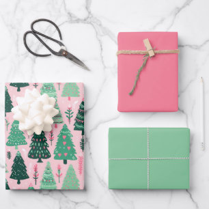 Illustriertes Pink Weihnachtsbaumwrapping Paper Geschenkpapier Set