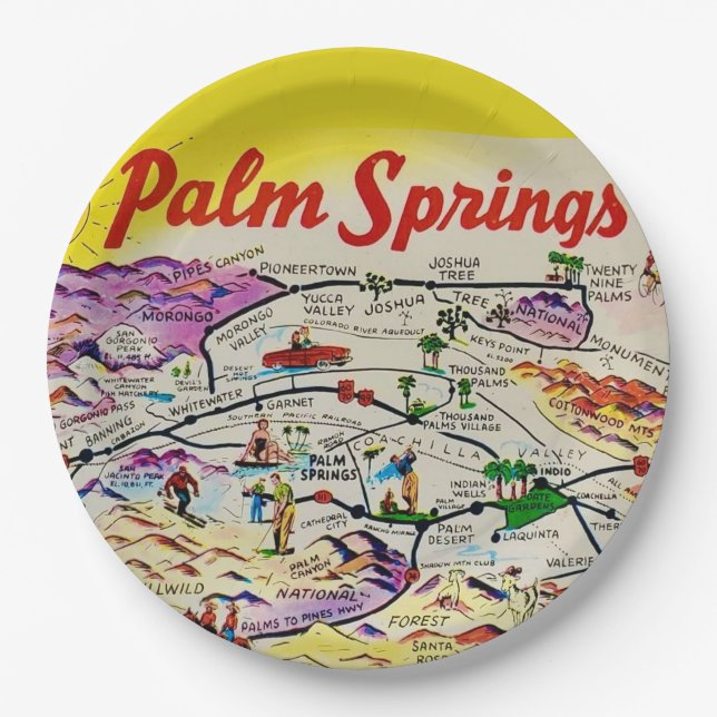 Illustriertes Retro Palm Springs  Pappteller (Vorderseite)