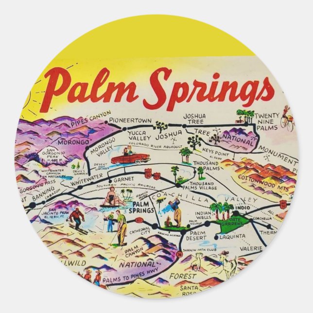 Illustriertes Retro Palm Springs  Runder Aufkleber (Vorderseite)