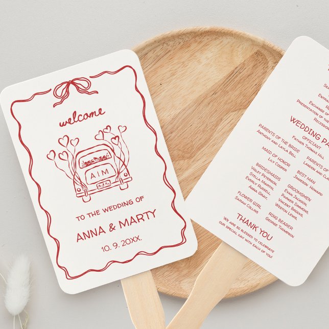Illustriertes Retro-Zeichnend Rotes Hochzeitsprogr Fächer (Hand illustrated Wedding Program on Hand Fans in Red Whimsical Funky Retro French Vintage Wedding)