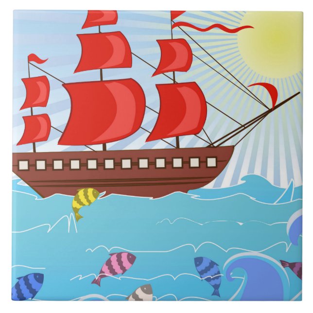 Illustriertes rotes Piraten-Schiff Fliese (Vorderseite)