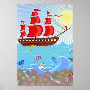 Illustriertes Rotes Piratenschiff Poster