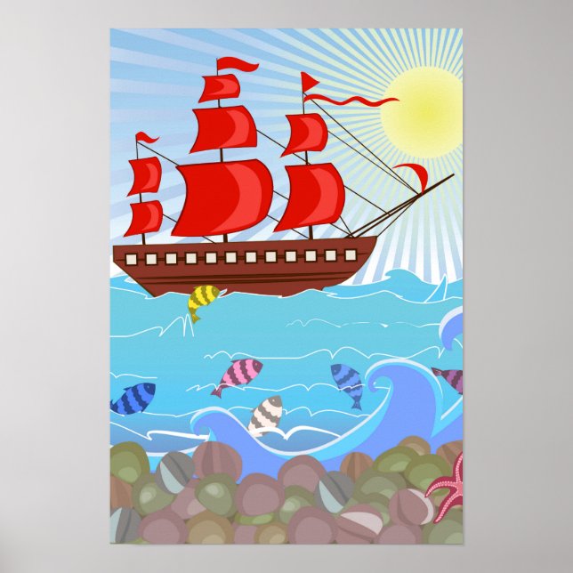 Illustriertes Rotes Piratenschiff Poster (Vorne)