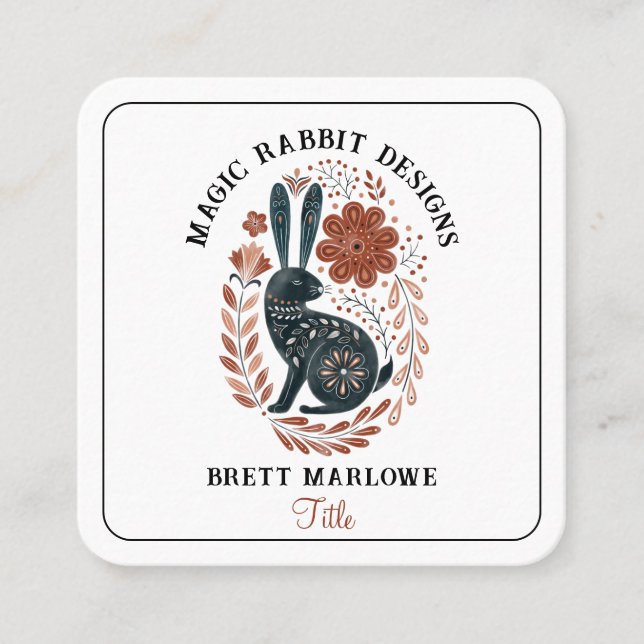 Illustriertes Wald Folk Schwarzes Kaninchen Quadratische Visitenkarte (Vorderseite)