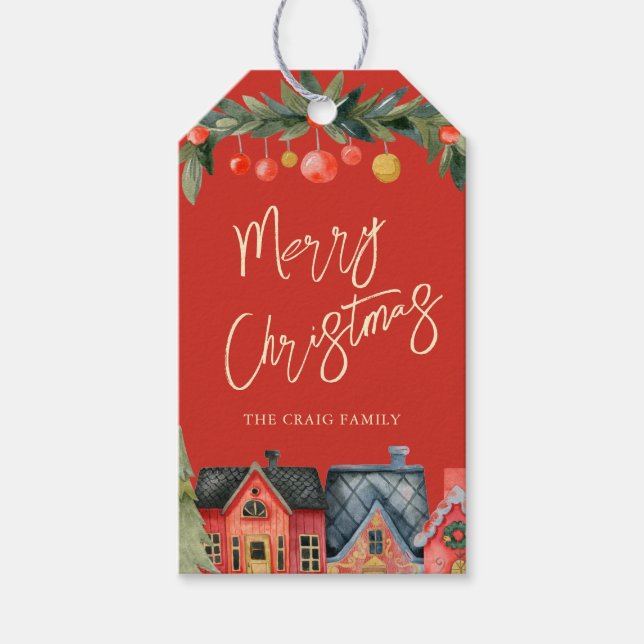 Illustriertes Weihnachtshaus Rot Geschenkanhänger (Vorderseite)