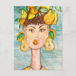 Ilustración de chica con frutas en la cabeza postkarte