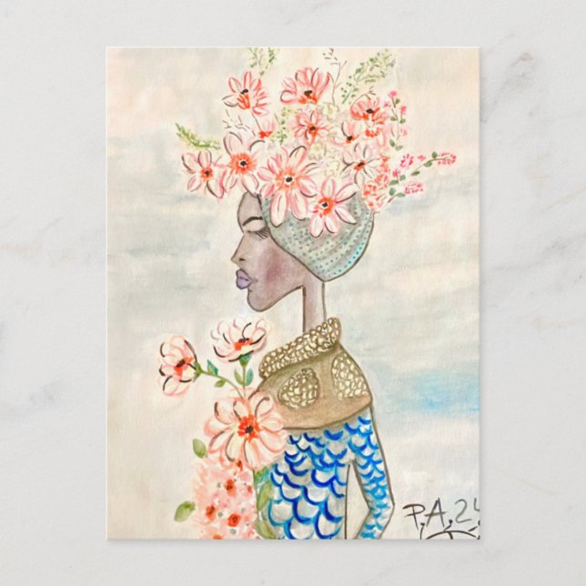 ilustración de chica de color con flores  postkarte (Vorderseite)
