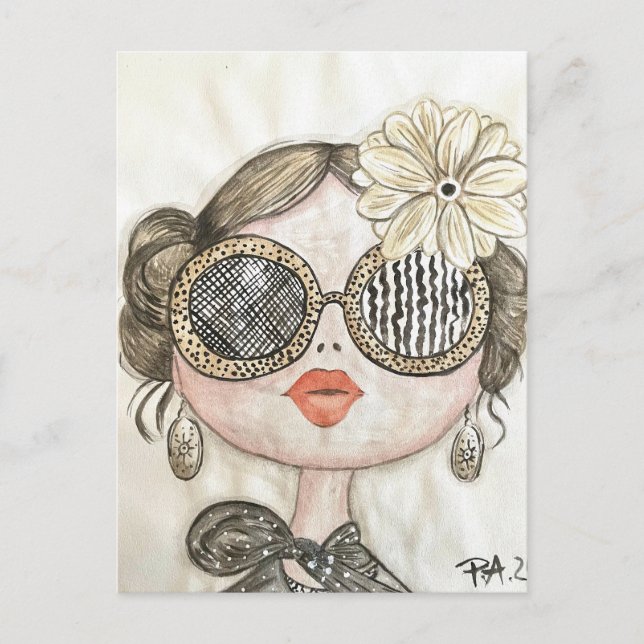 ilustracion de chica fashion con gafas en acuarela postkarte (Vorderseite)