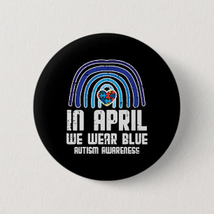 Im April tragen wir blauen Regenbogen Herz Autismu Button