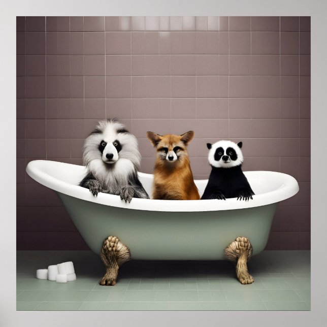 Im Badezimmer sitzen lustige Tiere in der Badewann Poster (Vorne)
