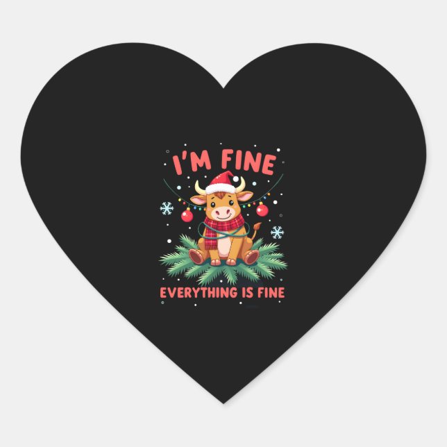 I'm Fine Everything is Fine Christmas Highland Cow Herz-Aufkleber (Vorderseite)