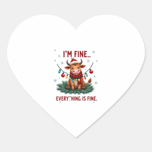 I'm Fine Everything is Fine Christmas Highland Cow Herz-Aufkleber (Vorderseite)
