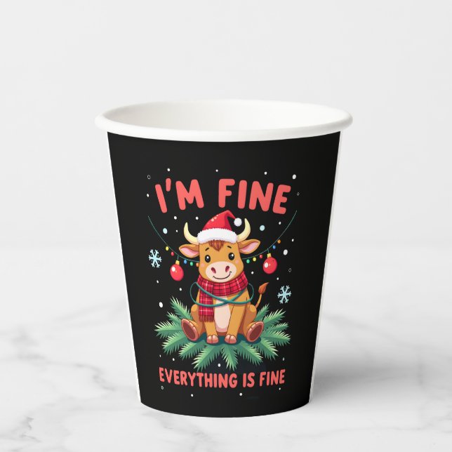 I'm Fine Everything is Fine Christmas Highland Cow Pappbecher (Vorderseite)