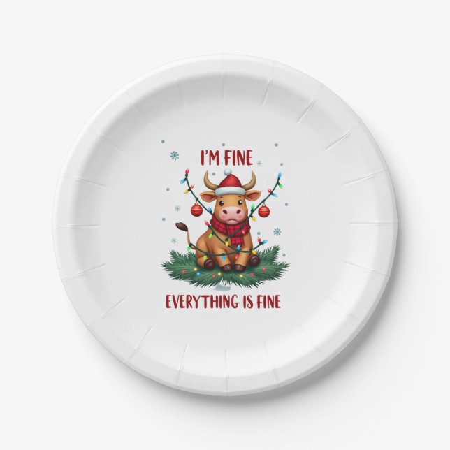 I'm Fine Everything is Fine Christmas Highland Cow Pappteller (Vorderseite)