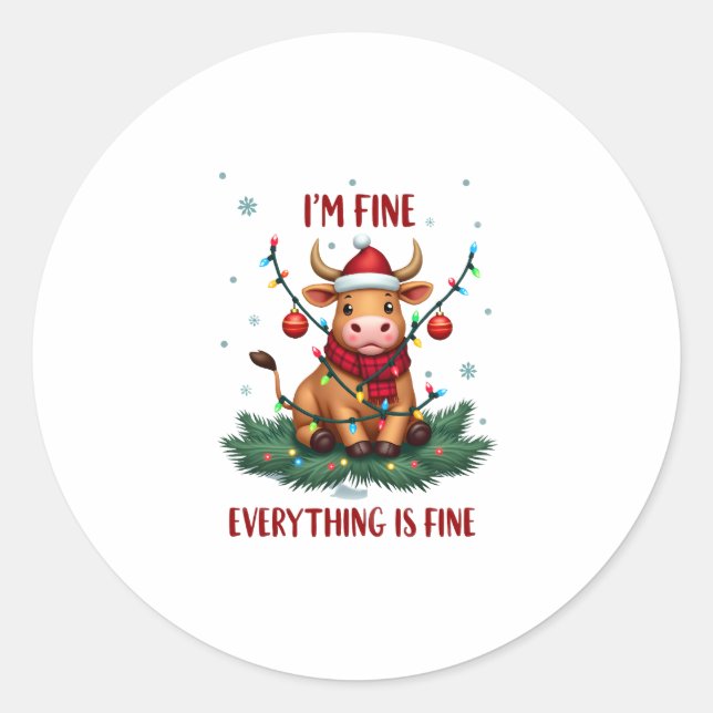 I'm Fine Everything is Fine Christmas Highland Cow Runder Aufkleber (Vorderseite)