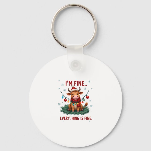 I'm Fine Everything is Fine Christmas Highland Cow Schlüsselanhänger (Vorderseite)