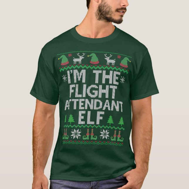 Im Flug Attendant Elf Funny Ugly Weihnachten T-Shirt (Vorderseite)