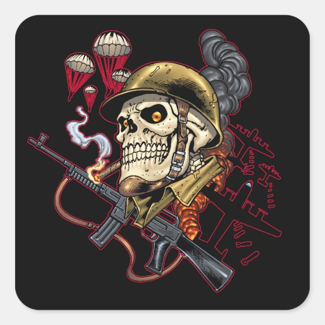 Im Flugzeug oder mariner Fallschirm mit Helm Quadratischer Aufkleber (Vorderseite)