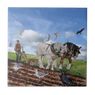 Im März pflügende Pferde Fliese