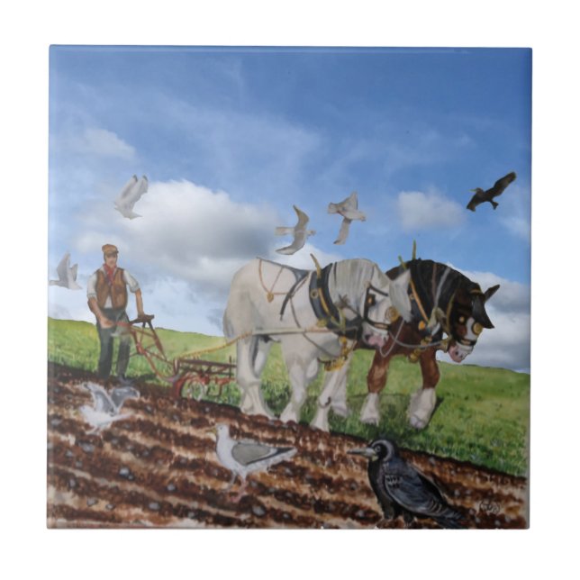 Im März pflügende Pferde Fliese (Vorderseite)