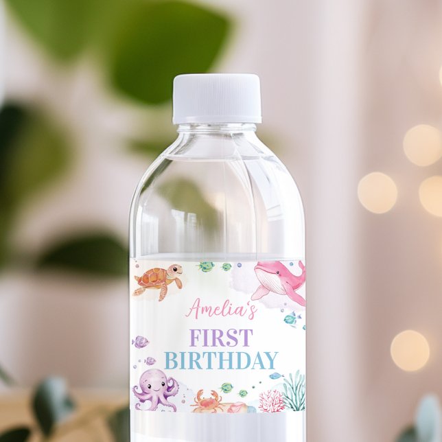 Im Niedlichen Ozean zum Geburtstag Wasserflaschenetikett (Von Creator hochgeladen)