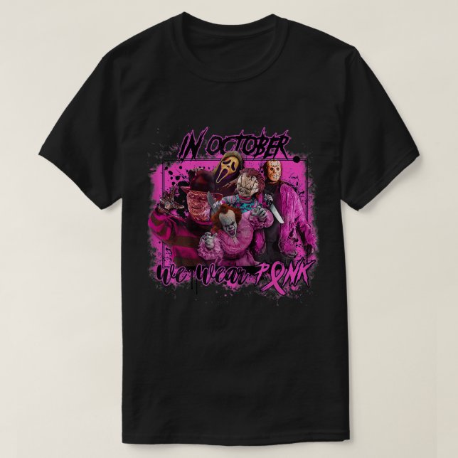 Im Oktober tragen wir einen pinkfarbenen Horror-Fi T-Shirt (Design vorne)