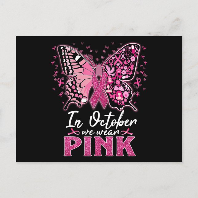 Im Oktober tragen wir Pink Butterfly Breastkrebs A Postkarte (Vorderseite)