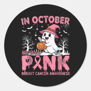 Im Oktober tragen wir Pink Ghost Breast Cancer Awa Runder Aufkleber