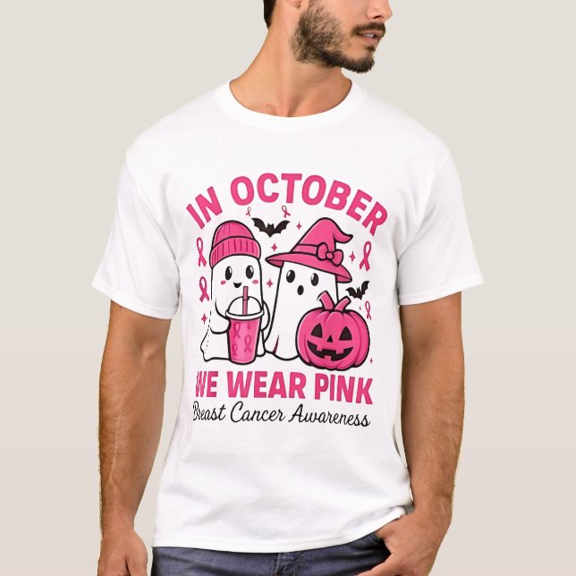 Im Oktober tragen wir Pink Ghost Breast Cancer Awa T-Shirt (Vorderseite)