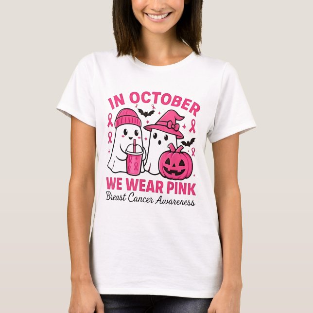 Im Oktober tragen wir Pink Ghost Breast Cancer Awa T-Shirt (Vorderseite)
