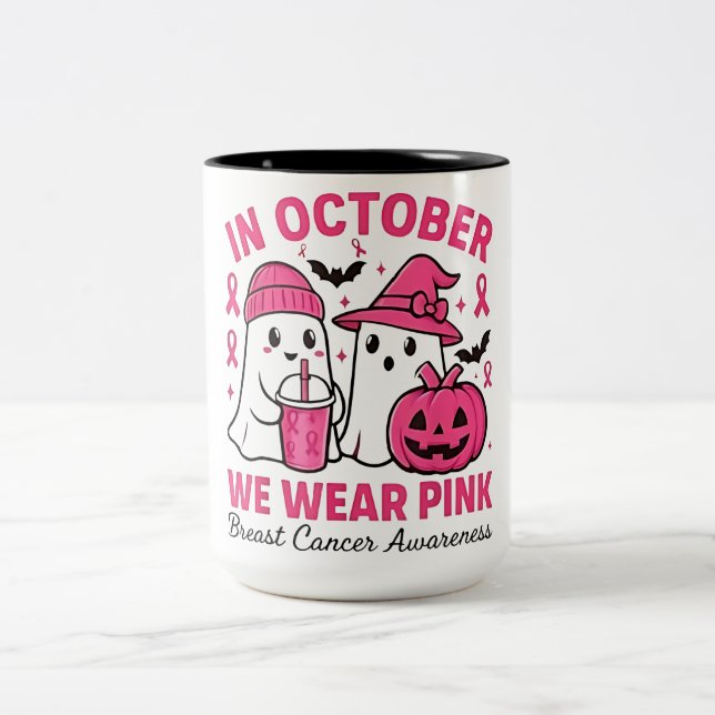 Im Oktober tragen wir Pink Ghost Breast Cancer Awa Zweifarbige Tasse (Mittel)