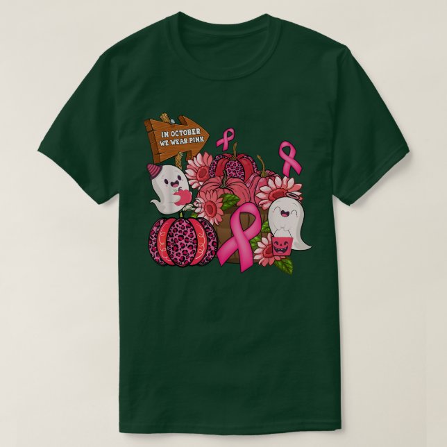 Im Oktober tragen wir Pink Ghosts Leopard Pumpkin  T-Shirt (Design vorne)