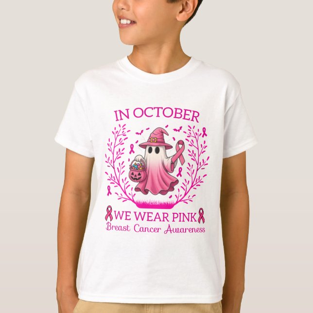 Im Oktober tragen wir rosa Geisterhexen Brustkrebs T-Shirt (Vorderseite)