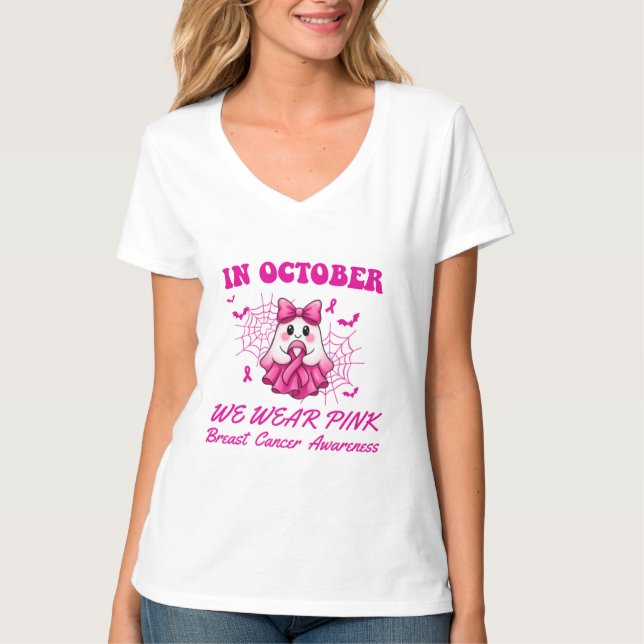 Im Oktober tragen wir rosa Geisterhexen Brustkrebs T-Shirt (Vorderseite)