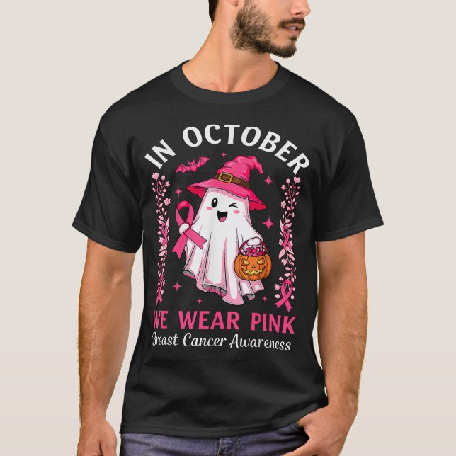 Im Oktober tragen wir rosa Geisterhexen Brustkrebs T-Shirt (Vorderseite)