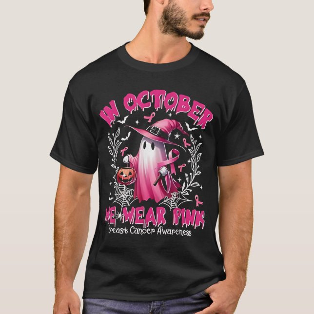 Im Oktober tragen wir rosa Geisterhexen Brustkrebs T-Shirt (Vorderseite)