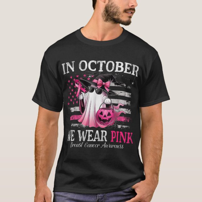 Im Oktober tragen wir rosa Geisterhexen Brustkrebs T-Shirt (Vorderseite)