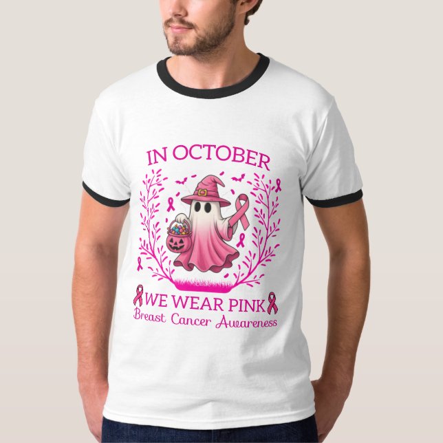 Im Oktober tragen wir rosa Geisterhexen Brustkrebs T-Shirt (Vorderseite)